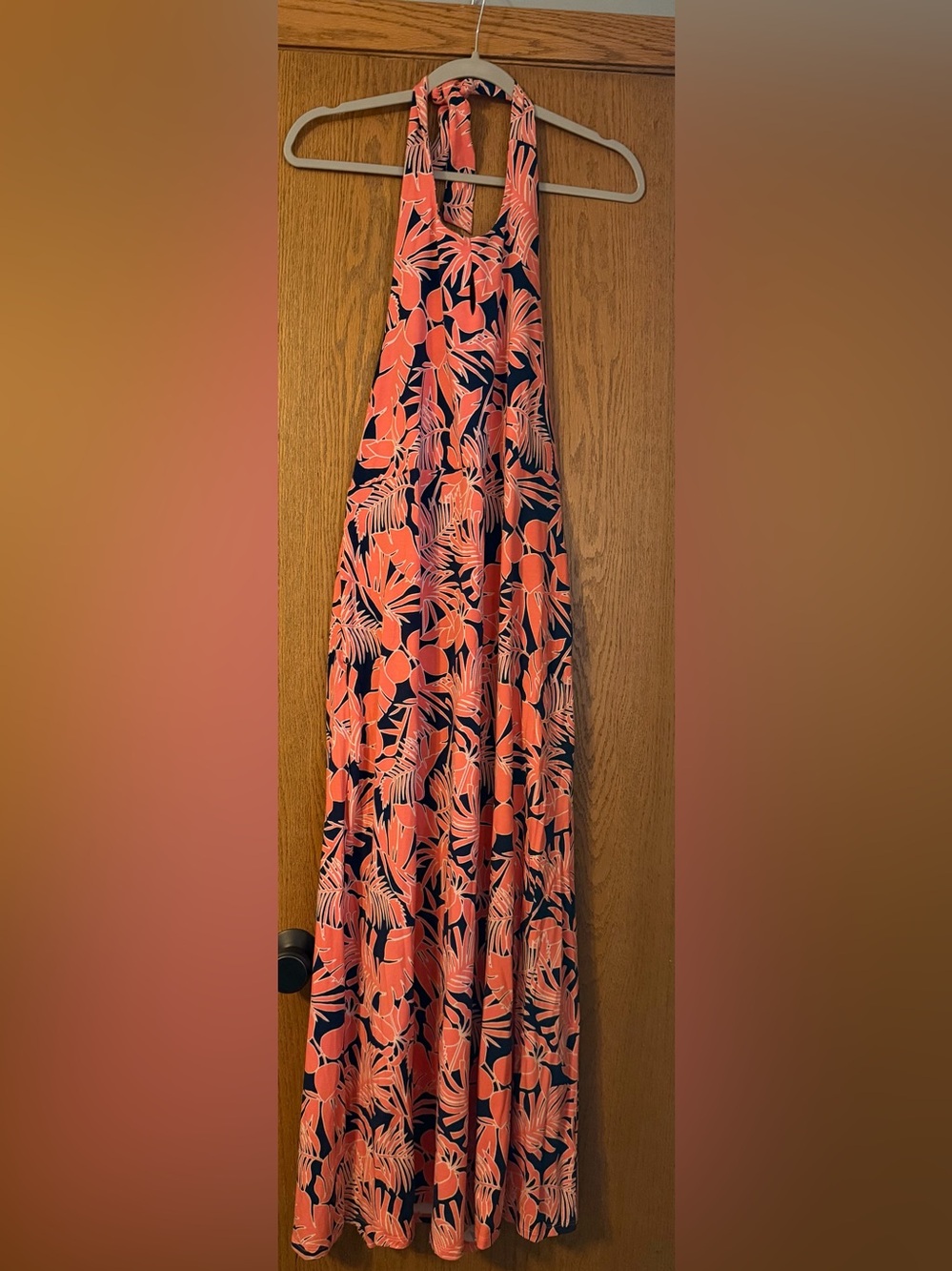 Lands' End Navy and Coral Floral Print Halter Maxi Dress Medium